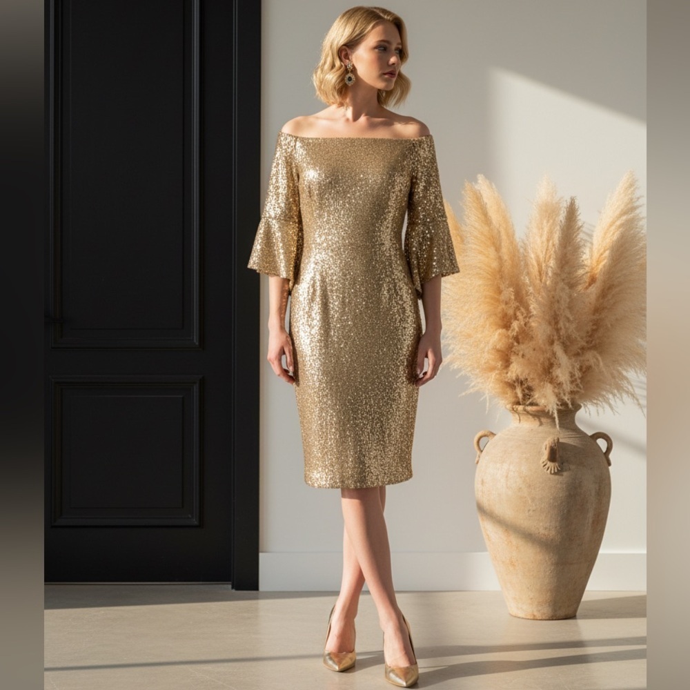 NWT ANTONIO MELANI SZ 6 (FLAWS) Gold sequin sheath dress w/flutter sleeves